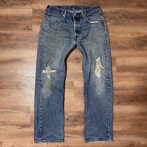 Levi's Jeans Mens 32x30 Blue 501 Cotton Denim Distressed Grunge Rip Knee Pants